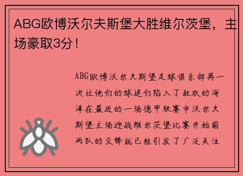 ABG欧博沃尔夫斯堡大胜维尔茨堡，主场豪取3分！